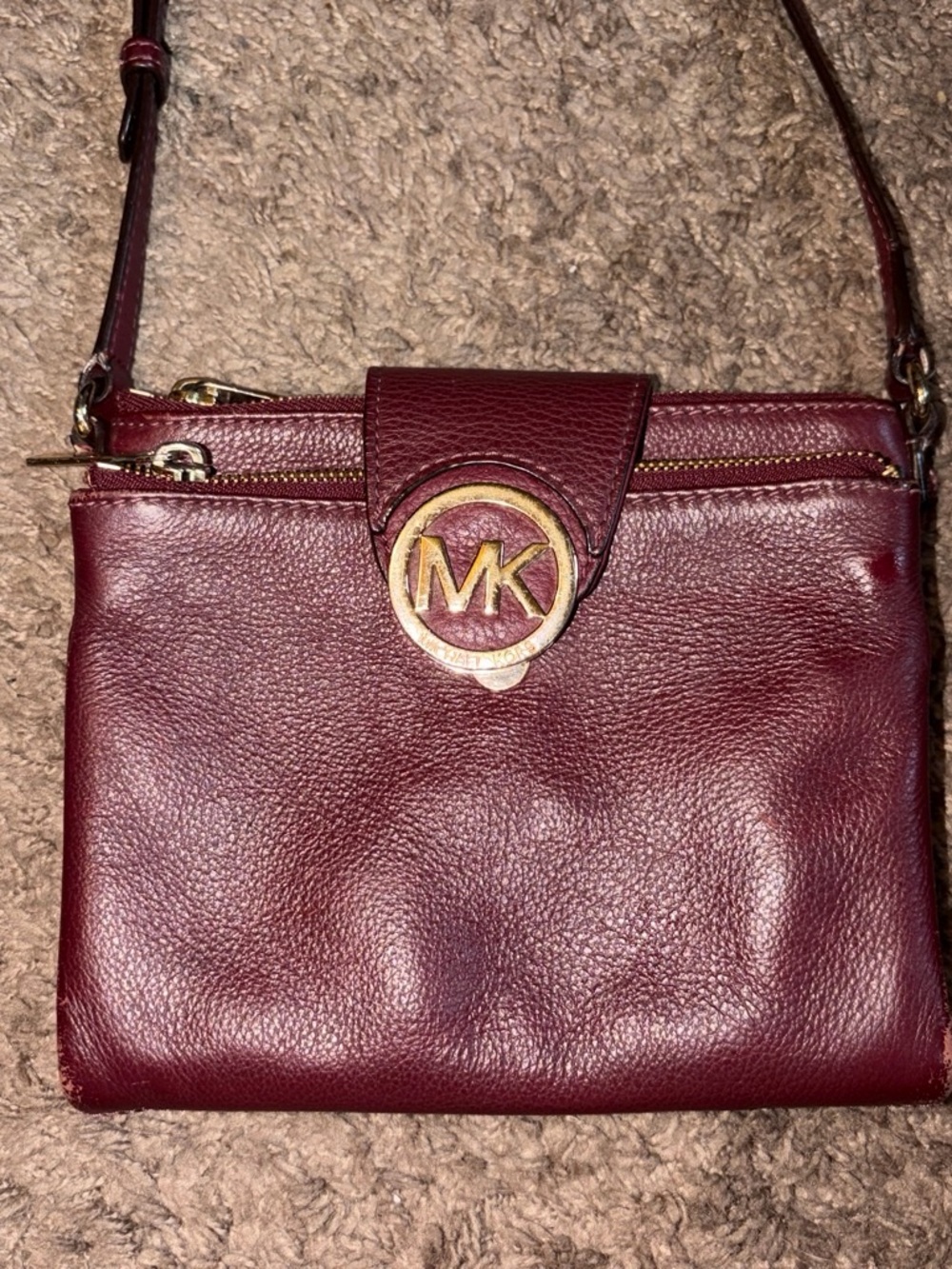 Michael Kors Deep Wine Leather Crossbody Bag with Gold Logo